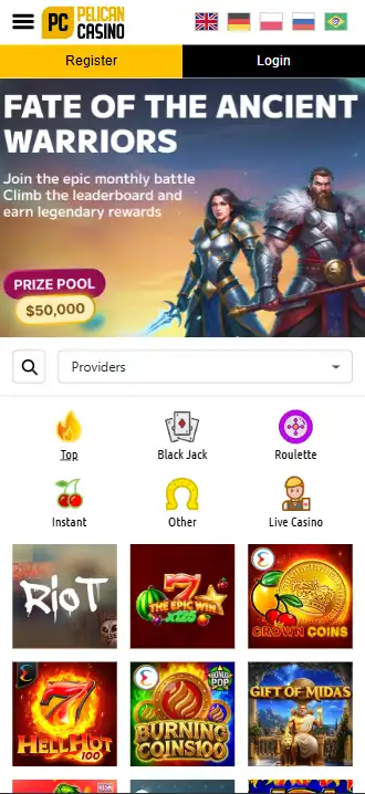 Pelican Casino geopend in een mobiele browser