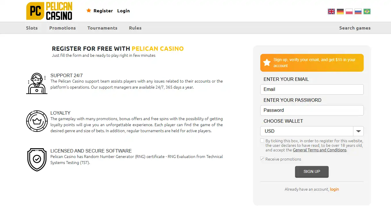 Actueel Pelican Casino registratieformulier
