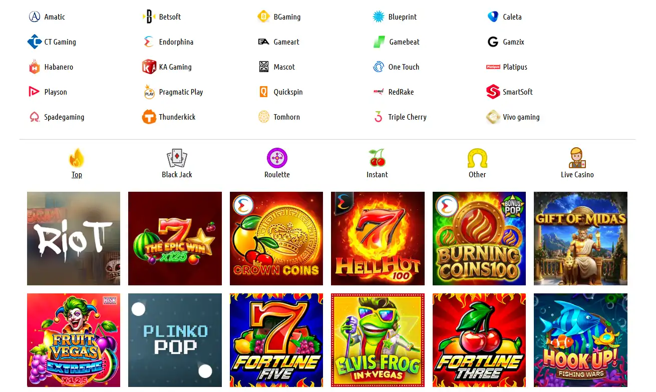 Pelican Casino game lobby met categorie- of providerfilter