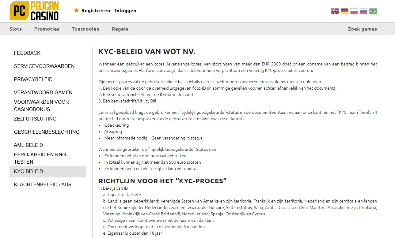 Pelican Casino verificatie-interface voor identiteitscontrole