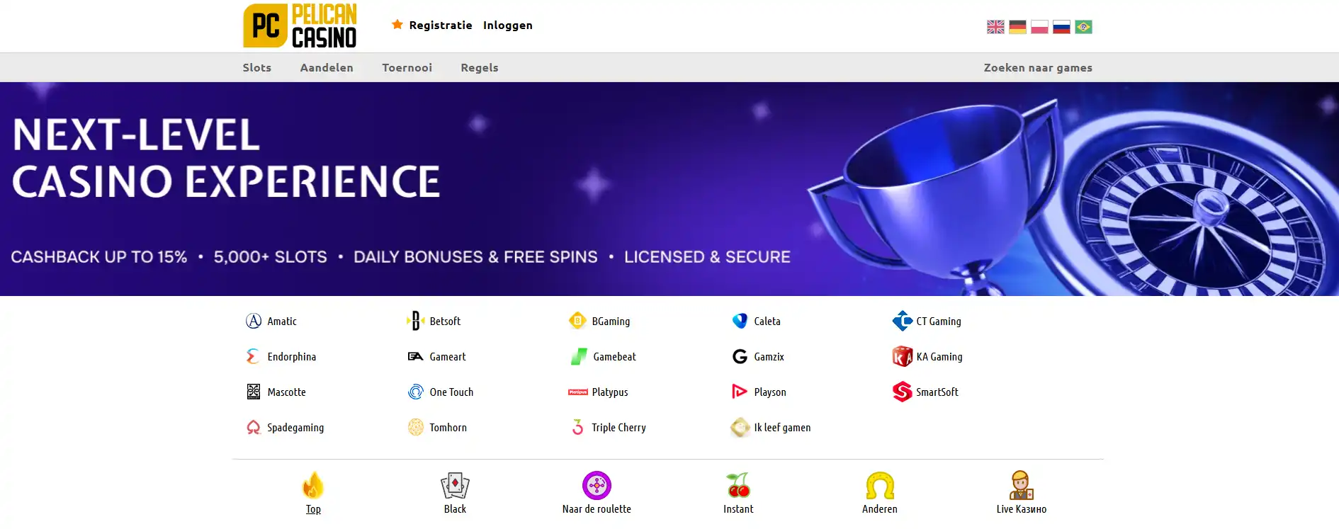 Actuele Pelican Casino lobby of homepage
